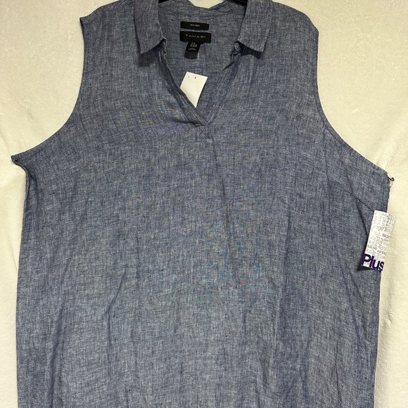 Tahari Women's 3X Shirt Dress Blue Collared Sleeveless 100% Linen - Picture 2 of 7